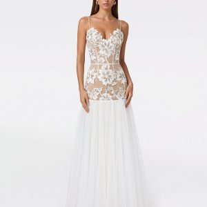 Floral Appliqué Sheer Tulle Maxi Dress - White - view 1