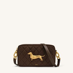 Riley Faux Suede Dachshund Quilted Shoulder Bag - Dark Brown - view 1