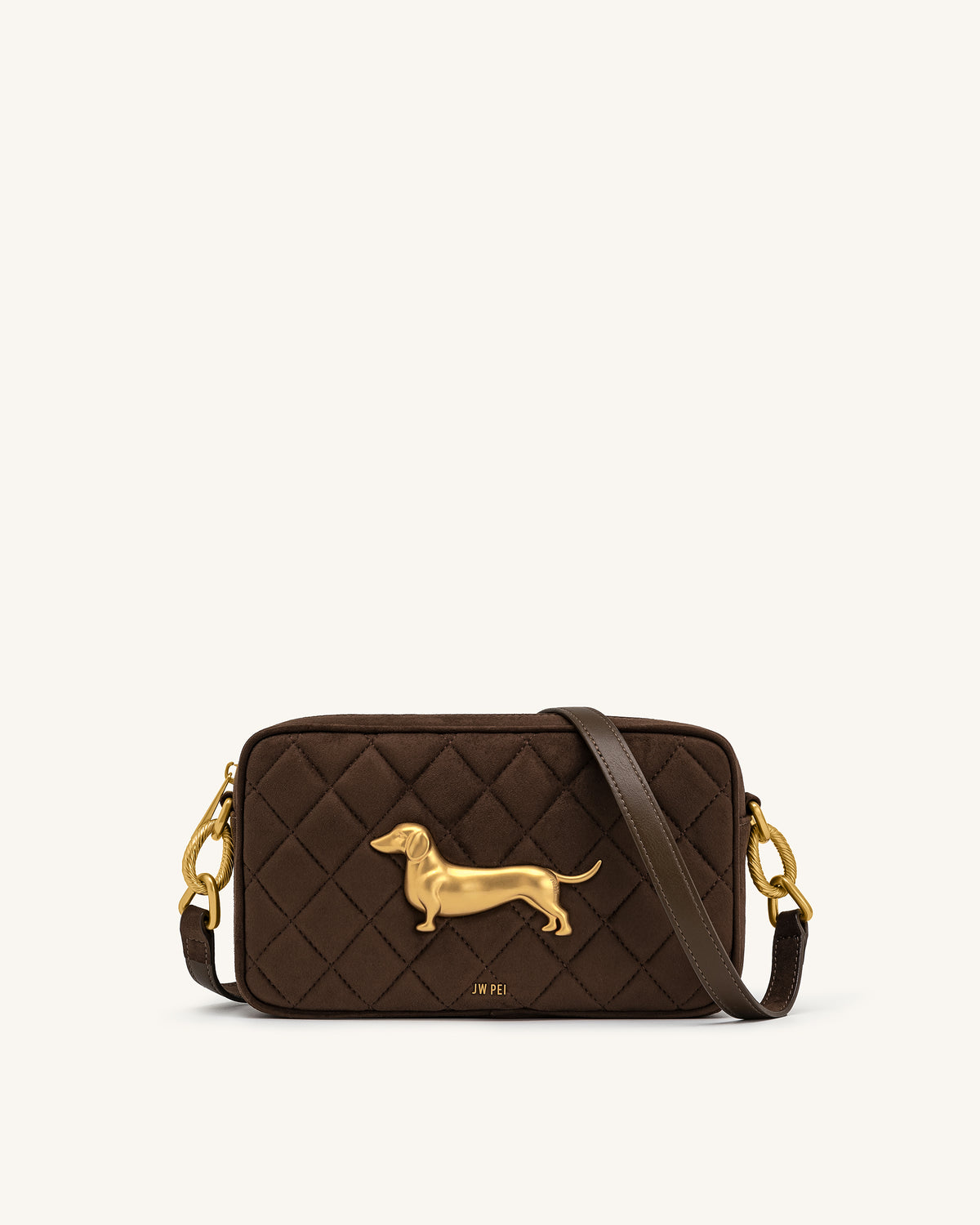 Riley Faux Suede Dachshund Quilted Shoulder Bag - Dark Brown - view 1