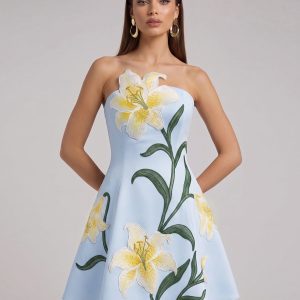 Lily Floral Print Strapless A-Line Mini Dress - Light Blue - view 1