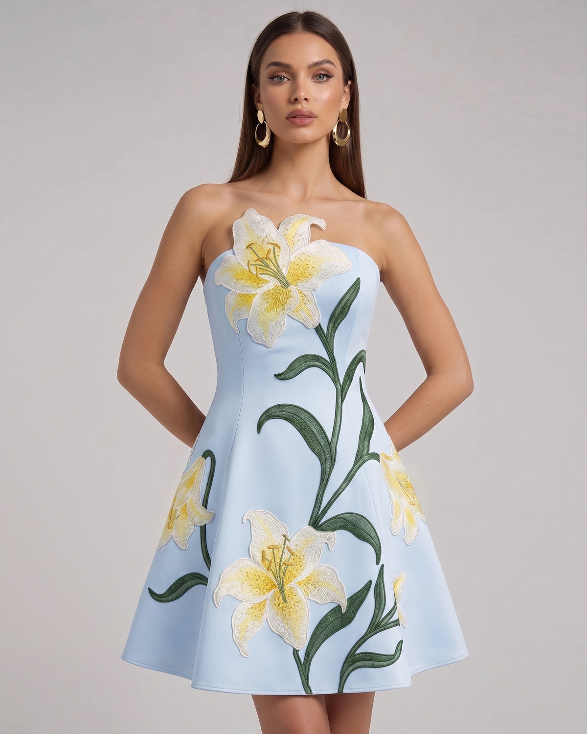 Lily Floral Print Strapless A-Line Mini Dress - Light Blue - view 1