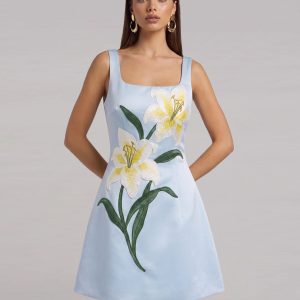 Lily Floral Print Sleeveless A-Line Mini Dress - Light Blue - view 1