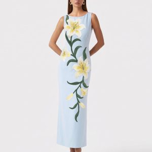 Lily Floral Print Sleeveless Column Maxi Dress - Light Blue - view 1