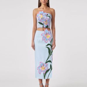 Lily Floral Embroidered Strapless Corset Top - Light Blue - view 1