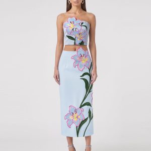 Lily Floral Embroidered High Waist Pencil Midi Skirt - Light Blue - view 1