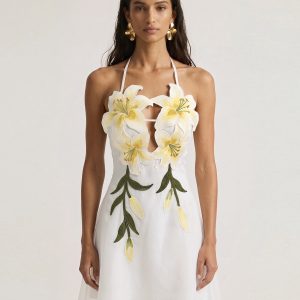 Lily-Embroidered Halter Mini Dress - White - view 1