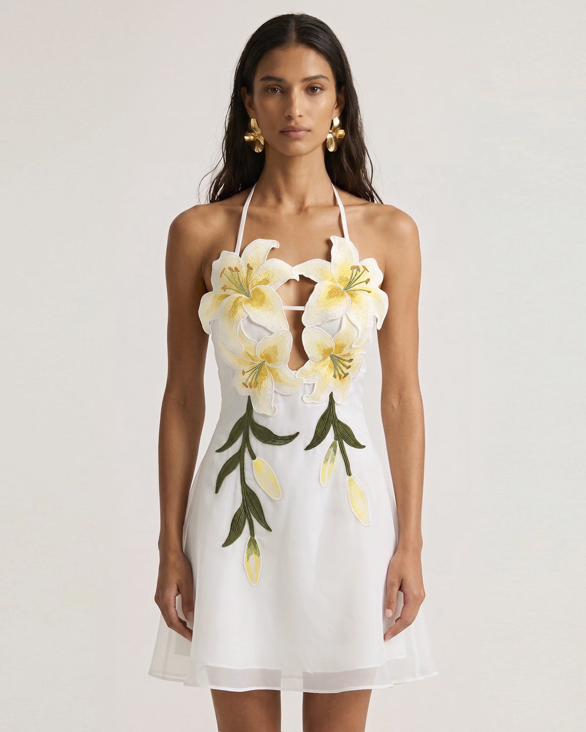Lily-Embroidered Halter Mini Dress - White - view 1