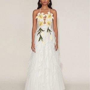 Lily-Embroidered Embroidered Halter Tiered Maxi Dress - White - view 1