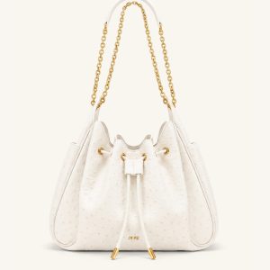 Rowan Faux Ostrich Grain Ruched Drawstring Chain Bucket Bag - Cream White - view 1