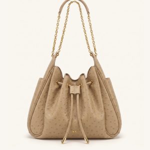 Rowan Faux Ostrich Grain Ruched Drawstring Chain Bucket Bag - Oak Brown - view 1