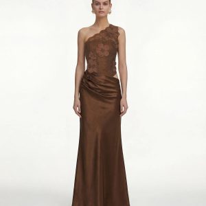 Floral One Shoulder Satin Dress - Brown - view 1
