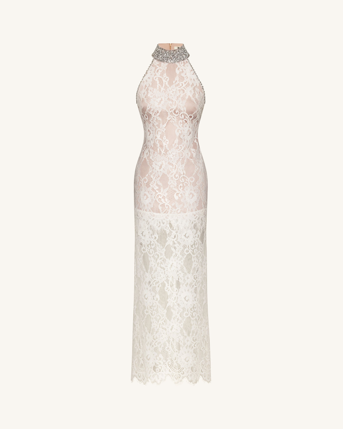 Jeweled Lace Halter Dress - White - view 3