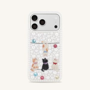 Pearl-Embellished Playful Cats Phone Case - White - view 1
