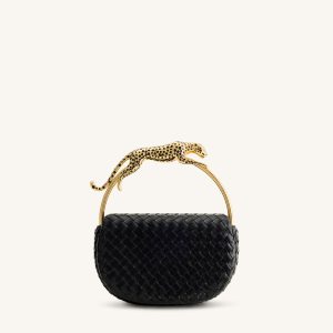 Ione Leopard Shaped Hardware Handle Woven Top Handle Bag - Black - view 1