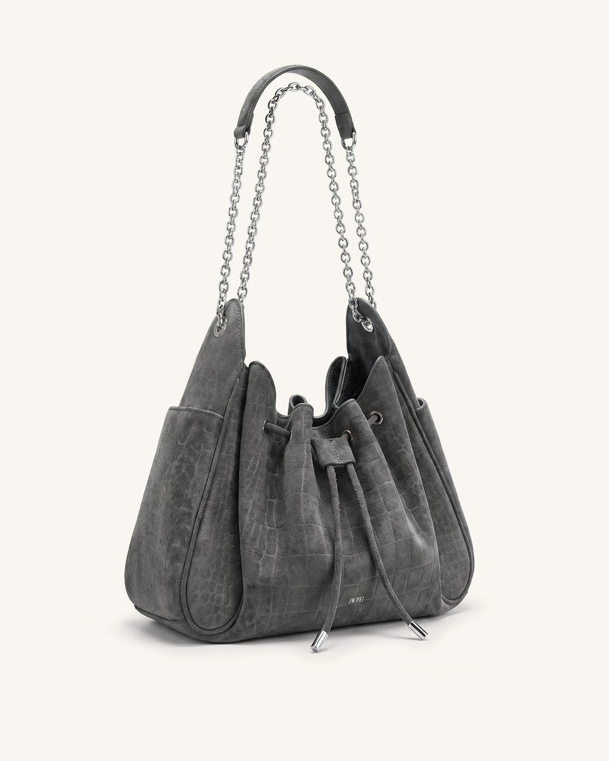Rowan Faux Suede Drawstring Chain Bucket Bag - Smog Gray Croc - view 2