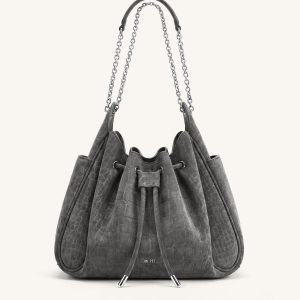 Rowan Faux Suede Drawstring Chain Bucket Bag - Smog Gray Croc - view 1