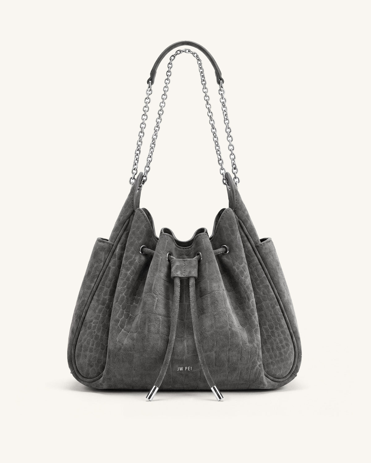Rowan Faux Suede Drawstring Chain Bucket Bag - Smog Gray Croc - view 1