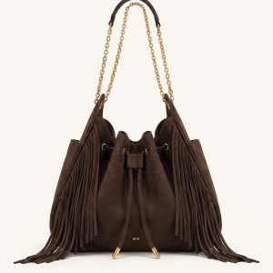 Rowan Faux Suede Tassel Ruched Drawstring Chain Bucket Bag - Amber Brown - view 1