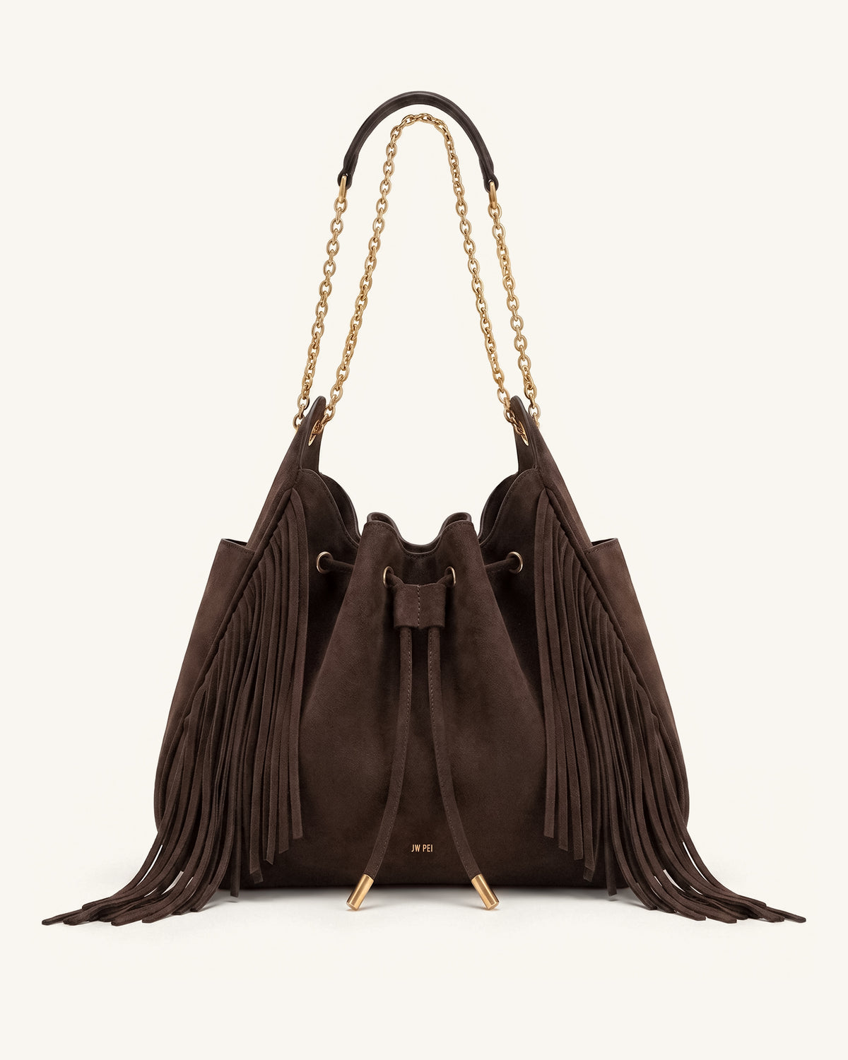 Rowan Faux Suede Tassel Ruched Drawstring Chain Bucket Bag - Amber Brown - view 1