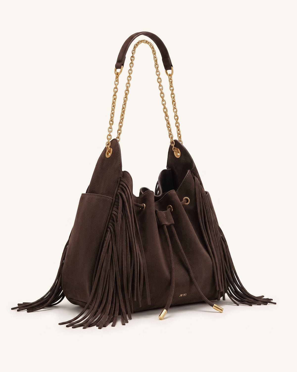 Rowan Faux Suede Tassel Ruched Drawstring Chain Bucket Bag - Amber Brown - view 2