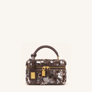 Cleo Metallic Sequin Box Shape Top Handle Bag - Brown - view 1