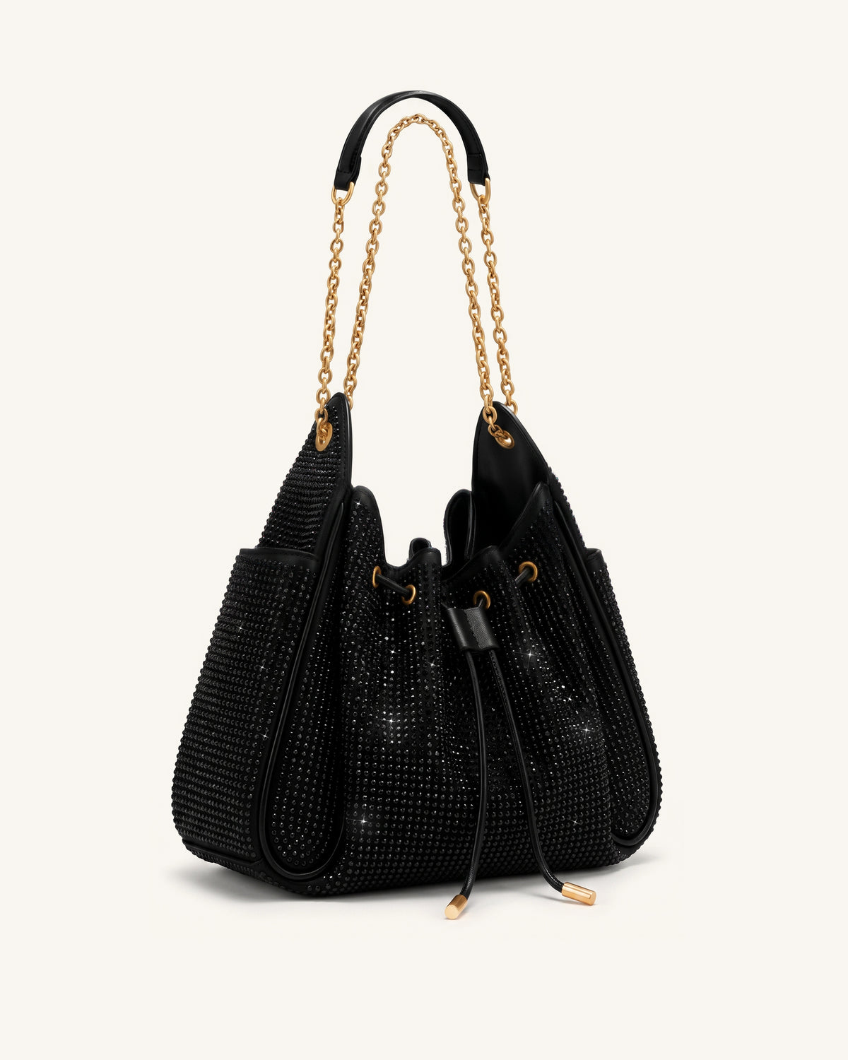 Rowan Artificial Crystal Ruched Drawstring Chain Bucket Bag - Obsidian - view 2