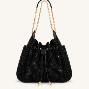 Rowan Artificial Crystal Ruched Drawstring Chain Bucket Bag - Obsidian - view 1