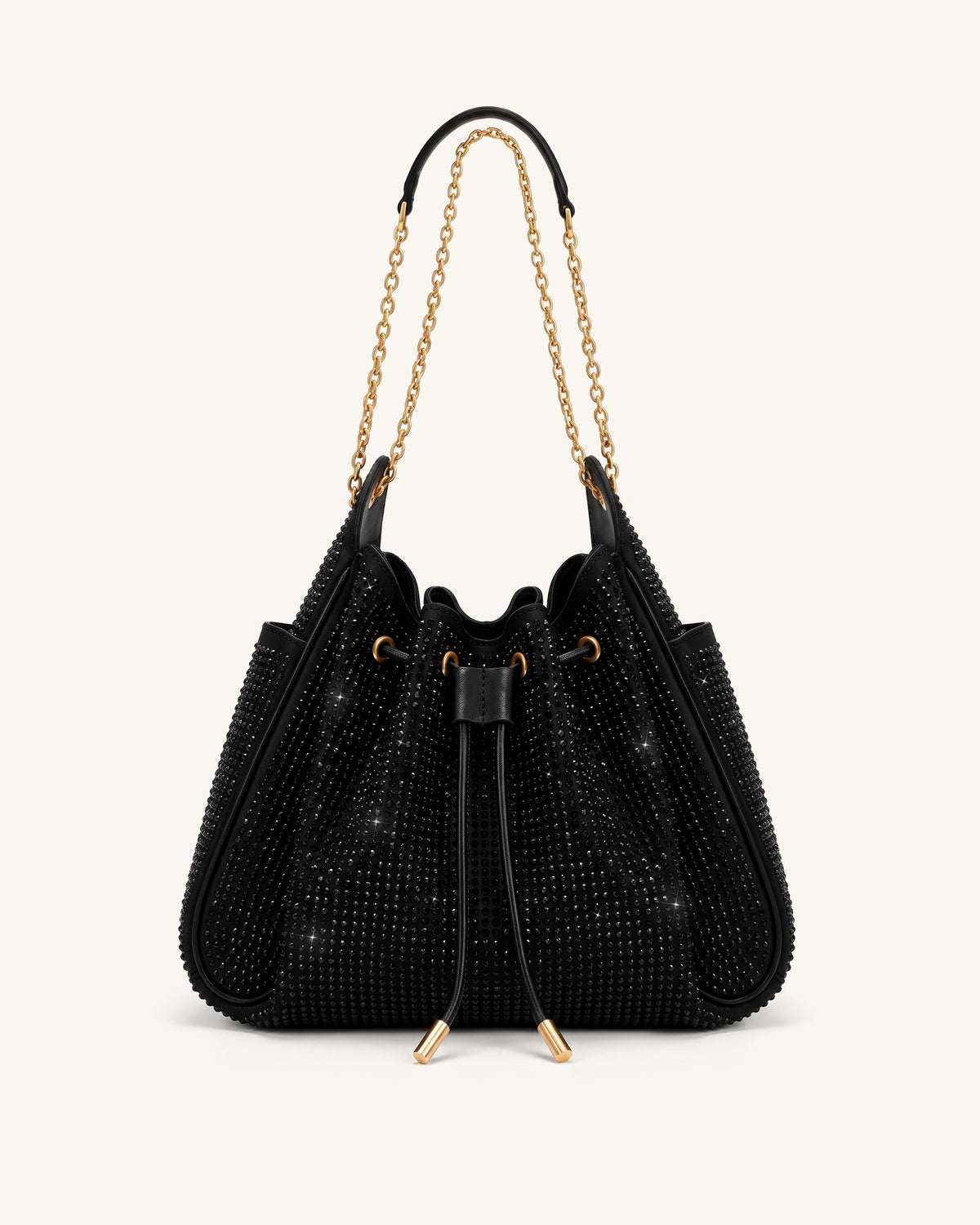 Rowan Artificial Crystal Ruched Drawstring Chain Bucket Bag - Obsidian - view 1