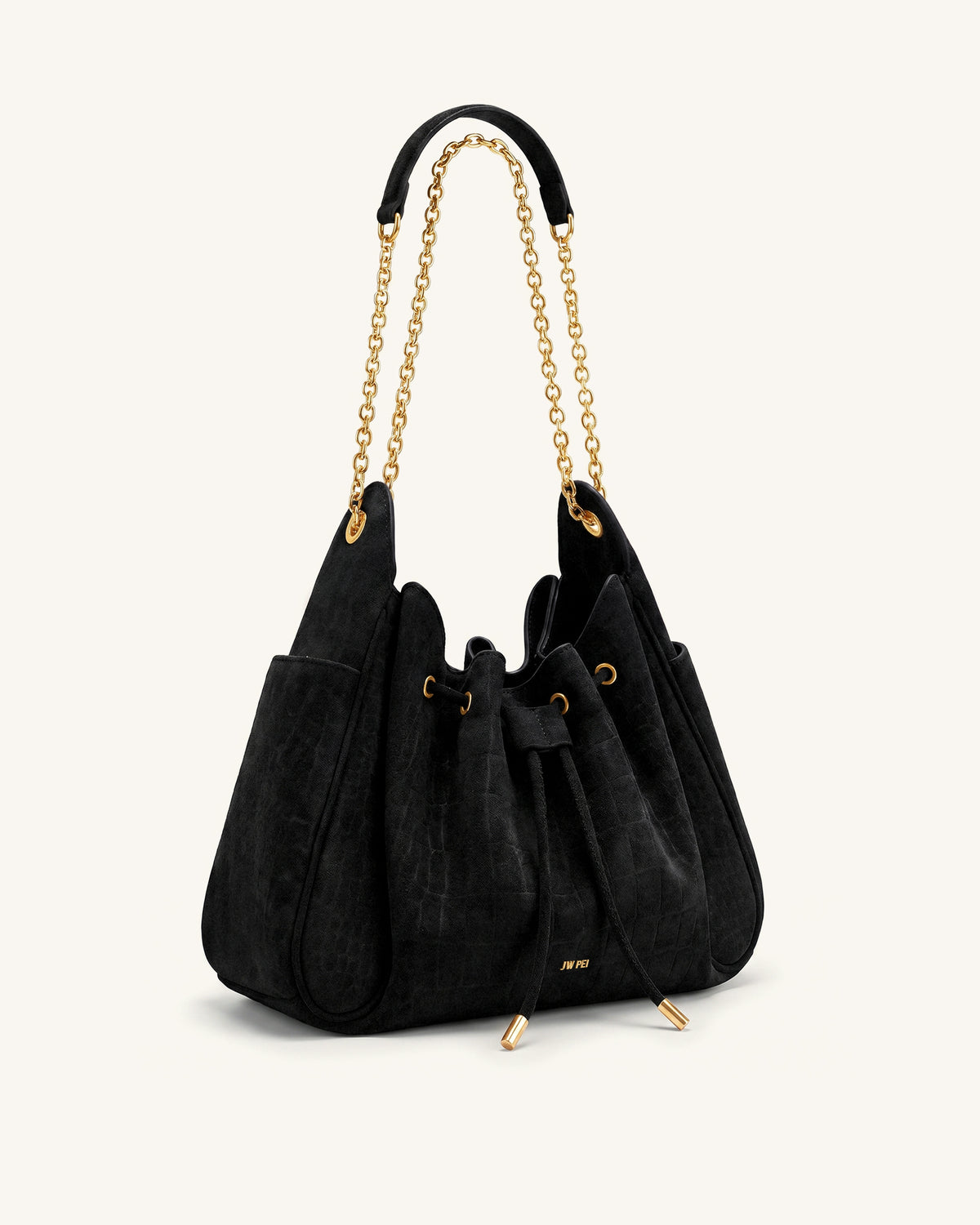 Rowan Faux Suede Drawstring Chain Bucket Bag - Cool Black Croc - view 2