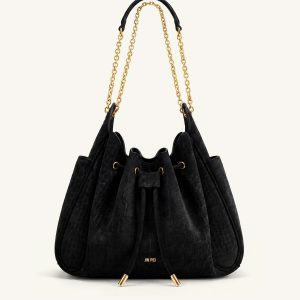 Rowan Faux Suede Drawstring Chain Bucket Bag - Cool Black Croc - view 1