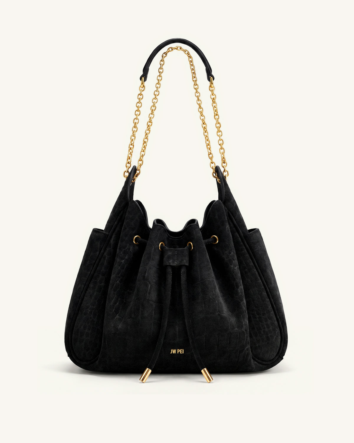Rowan Faux Suede Drawstring Chain Bucket Bag - Cool Black Croc - view 1