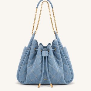 Rowan Ruched Quilting Drawstring Chain Bucket Bag - Blue Denim - view 1