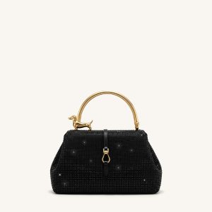 Bruna Artificial Crystal Dachshund Metal Handle Top Handle Bag - Black - view 1