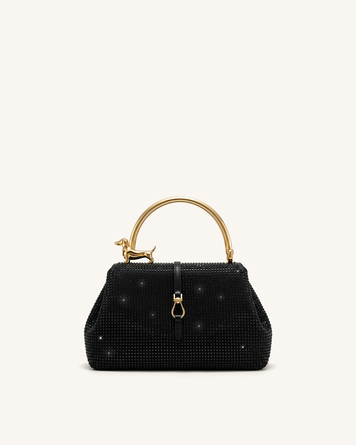 Bruna Artificial Crystal Dachshund Metal Handle Top Handle Bag - Black - view 1
