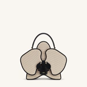 Flora Orchid Shaped Top Handle Bag - Black White Canvas - view 1