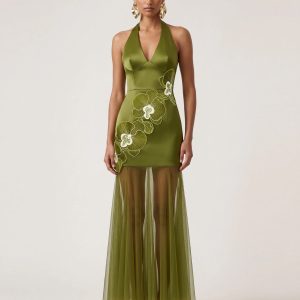Orchid Embroidered Sheer Hem Halter Maxi Dress - Olive - view 1