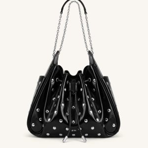 Rowan Studded Ruched Drawstring Chain Bucket Bag - Shiny Black - view 1