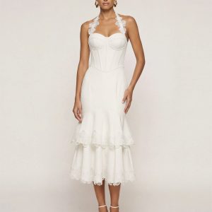 Orchid Embroidered Halter Corset Midi Dress - White - view 1