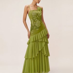 Orchid Embroidered Ruffled One-Shoulder Maxi Dress - Olive Green - view 1