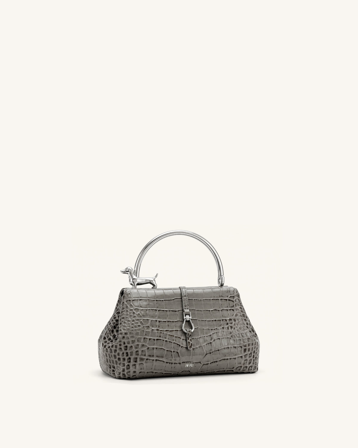Bruna Dachshund Metal Handle Top Handle Bag - Light Grey Croc - view 2