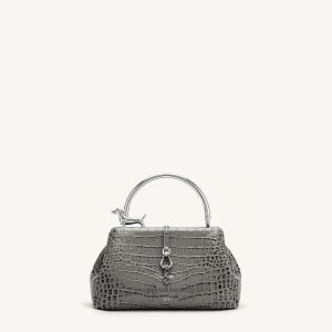 Bruna Dachshund Metal Handle Top Handle Bag - Light Grey Croc - view 1