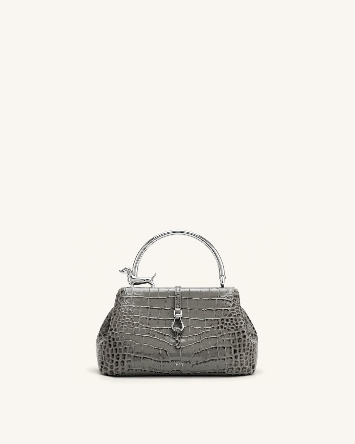 Bruna Dachshund Metal Handle Top Handle Bag - Light Grey Croc - view 1