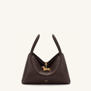 Maelle Faux Ostrich Grain Dachshund Charm Double Handle Bag - Dark Brown - view 1