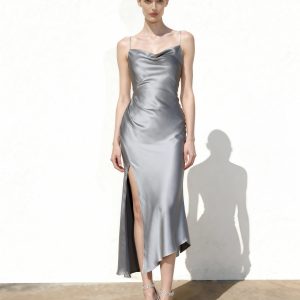Liquid Satin Cowl-Slit Gown - Silver - view 1