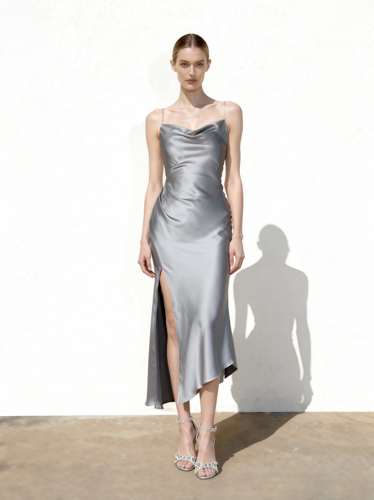 Liquid Satin Cowl-Slit Gown - Silver - view 1