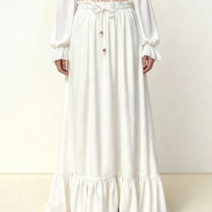 Drawstring Chiffon Maxi Skirt - White - view 1
