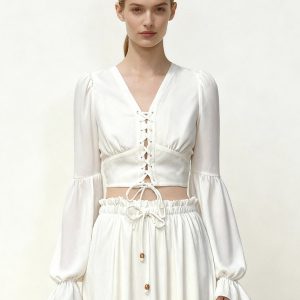 Chiffon Lantern-Sleeve Tie-Front Cropped Blouse - White - view 1