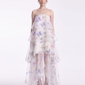 Butterfly Appliqué Tiered Strapless High-Low Dress - Ivory