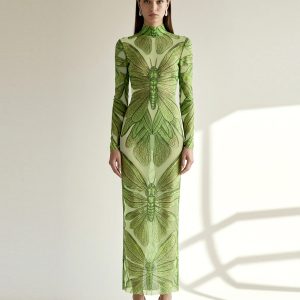 Emerald Dragonfly Sheer Mesh Gown - Green - view 1