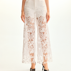 Embroidery High Rise Wide Leg Lace Denim Jeans With Rhinestone - White - view 1